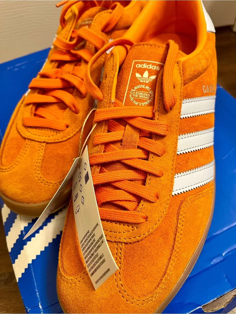 adidas Gazelle Men’s Orange Suede Sneakers with White Stripes - Picture 3 of 5